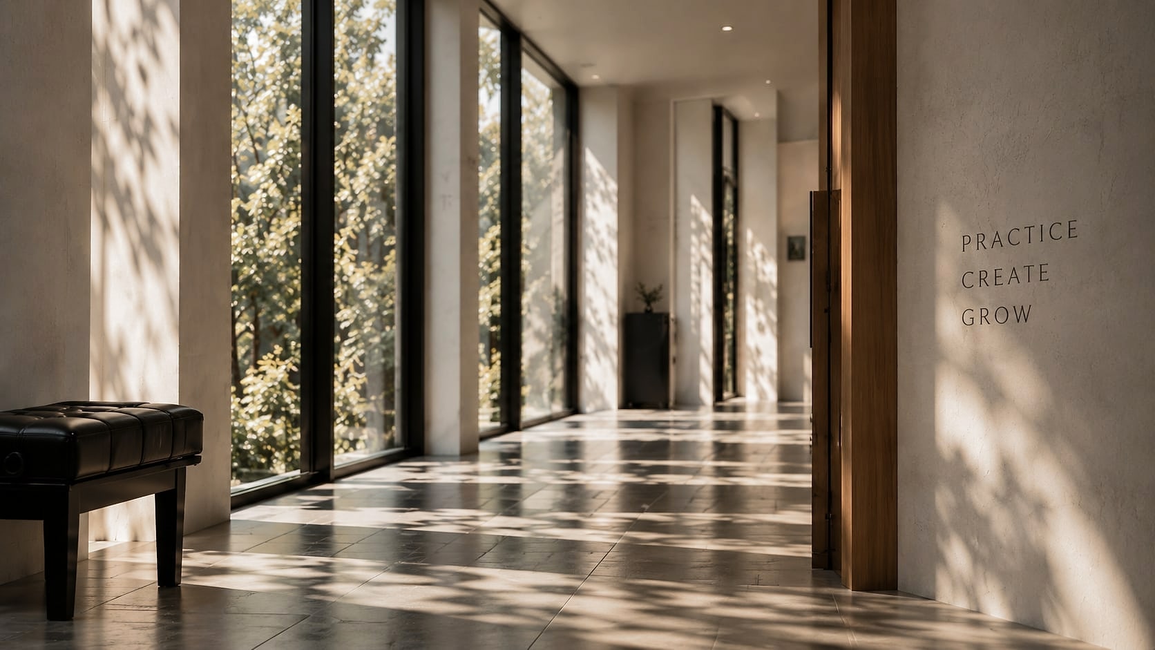 나무와 유리로 둘러싸인 학원 복도